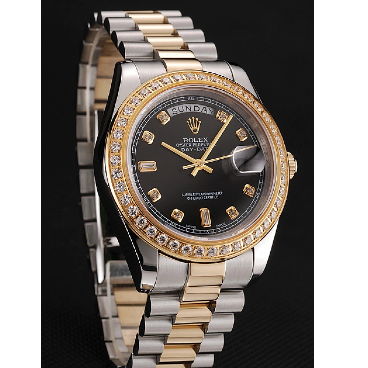 Aaa fake watches Steel Tone Day-Date Rolex Black Bracelet Stainless Two 1453976 Diamond Gold Dial Case Swiss 0703